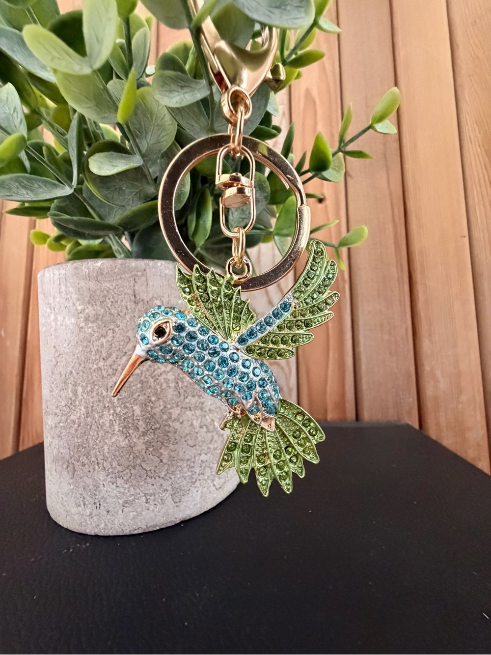 Rhinestone Hummingbird Keychain - Green & Blue Gold Tone